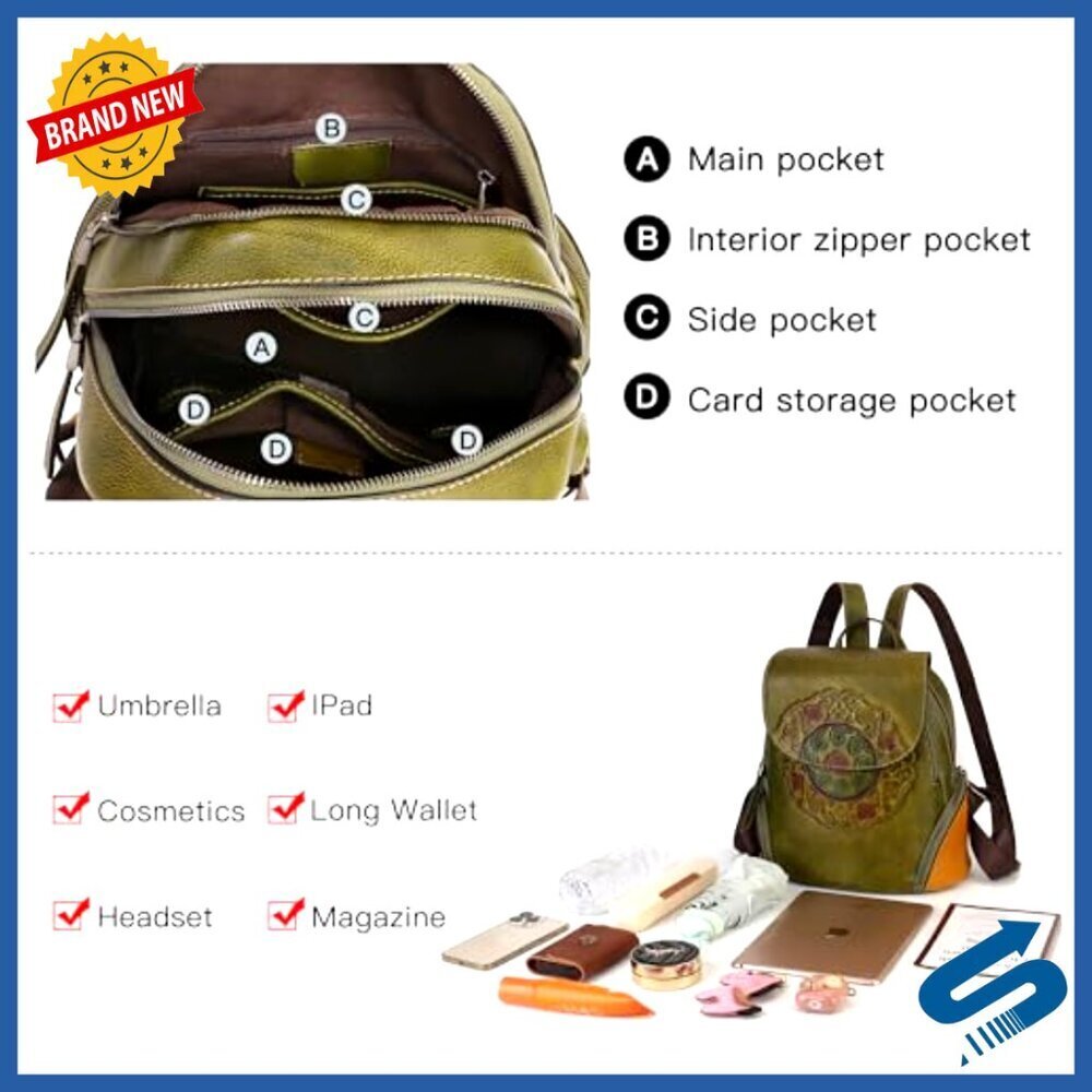 Genuine Leather Travel Backpack Purse Anti-Theft USB Charging Vintage Embossed - Picture 5 of 6